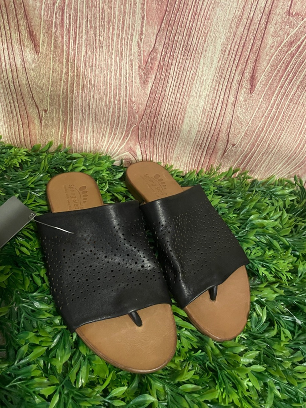 Spring Step Women’s Black Perforated Leather Slide Sandals